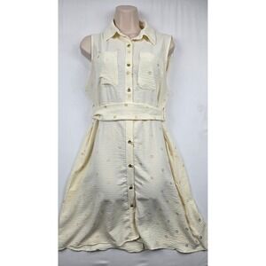 Alex & Parker Womens Medium‎ Shirt Dress Cream Gold Floral Sleeveless Tie Waist